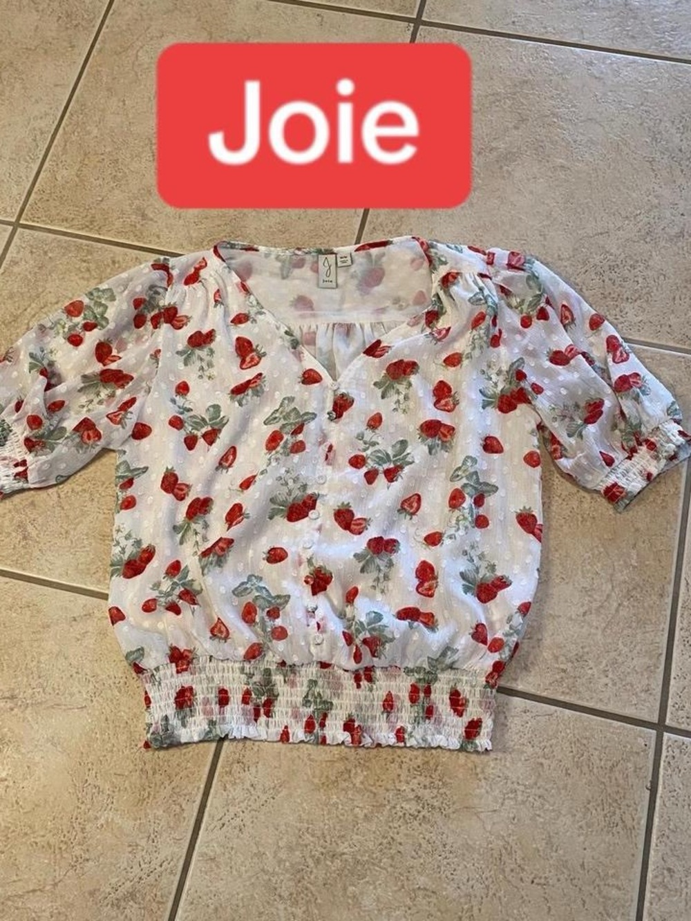 Joie White Strawberry-Print Puff Sleeve Smocked-Hem Top